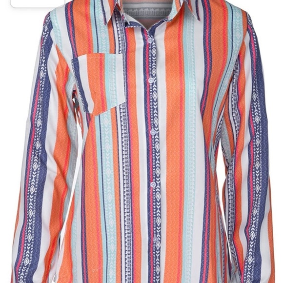 Button Down V Neck Shirts Long Sleeve Blouse Colorful Striped Casual Work large‌ - Picture 12 of 12